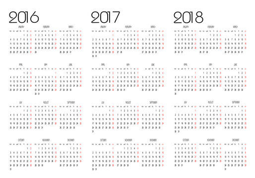 Calendar 2016, 2017 and 2018