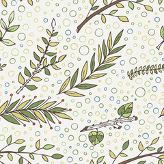 Vector seamless pattern of a variety of hand-drawn leaves and branches. Doodle