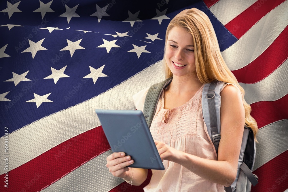 Poster composite image of happy student using tablet