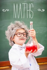 Maths against dressed up pupil looking at red liquid