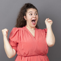 amazed 20s big woman expressing joy and surprise