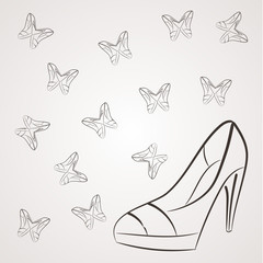Vector monochrome background with filigree butterflies of women's shoes with high heels.