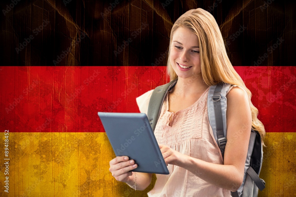 Poster composite image of happy student using tablet