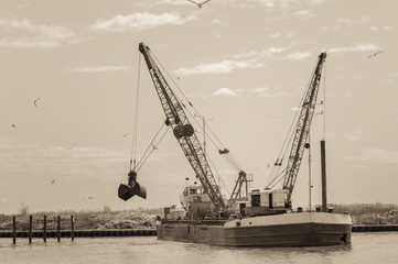 Effect vintage. Dredger ship navy