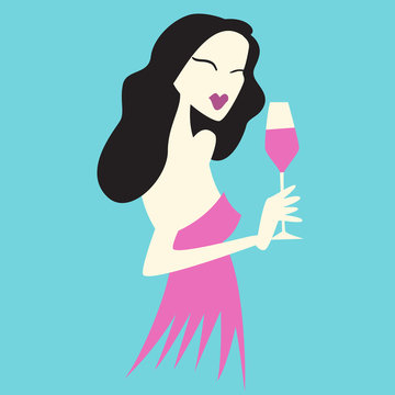 Elegant woman with glass of wine. Vector illustration.