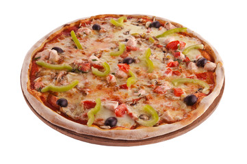 pizza on wooden plate on white background