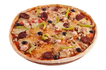 pizza on wooden plate on white background