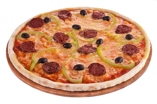 pizza on wooden plate on white background