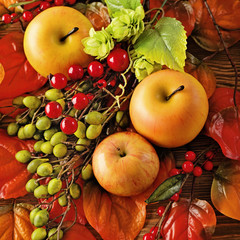 autumn background with seasonal fruits