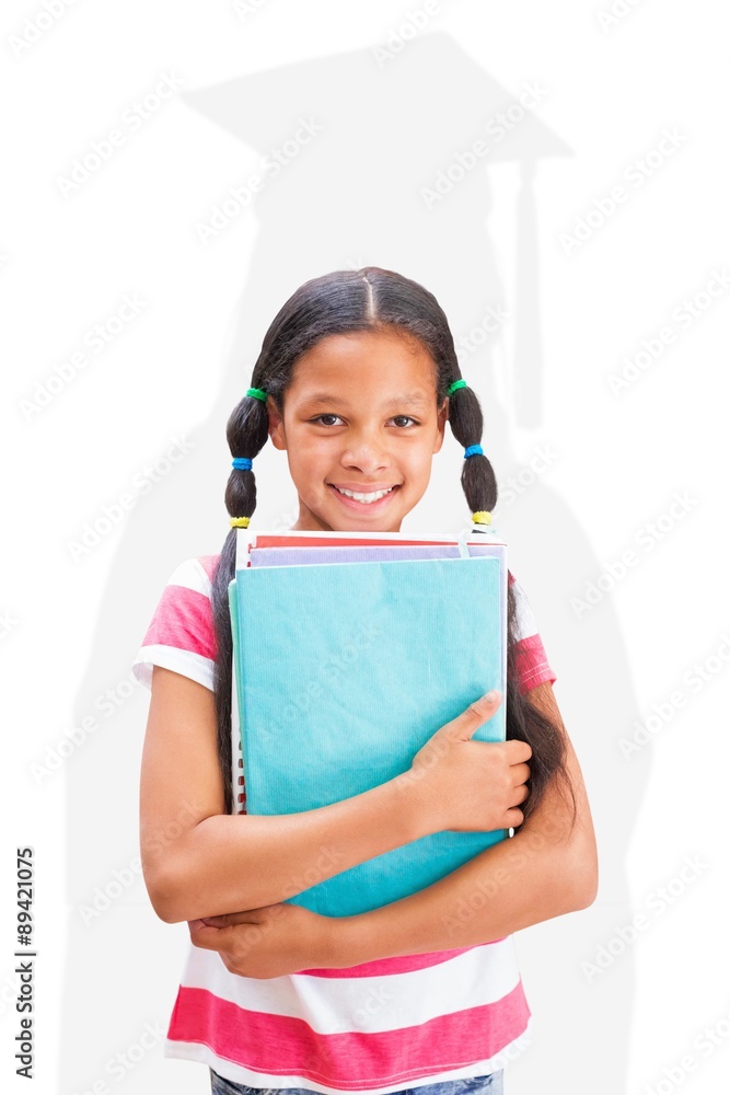 Poster composite image of cute pupil smiling at camera in library