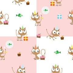 Vector seamless pattern with cute cartoon kittens to birthday on a checkered background.