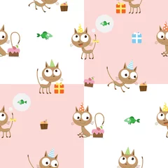 Foto op Plexiglas Speelgoed Vector naadloze patroon met schattige cartoon kittens tot verjaardag op een geruite achtergrond.