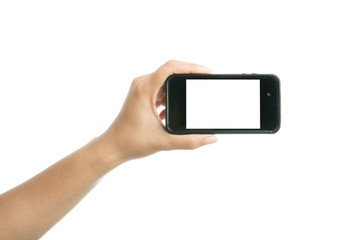 Woman hand holding black smart phone with blank screen