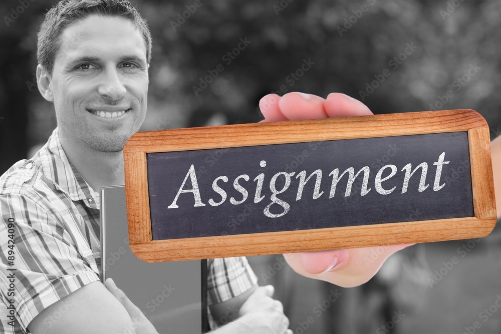 Aufkleber assignment against happy student smiling at camera