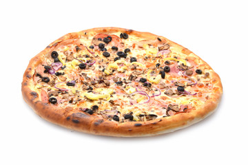 Pizza with ham, onion and olives