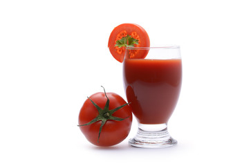 Fresh tomato juice on white background