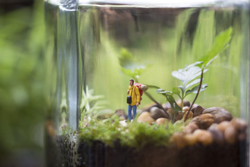 A closed terrarium decorated with a camping man.
