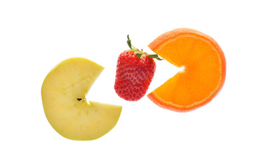 Strawberry and orange slice on white background