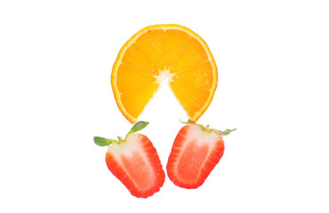Strawberry and orange slice on white background