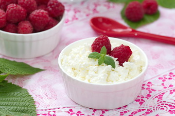 Fresh cottage cheese and ripe raspberries