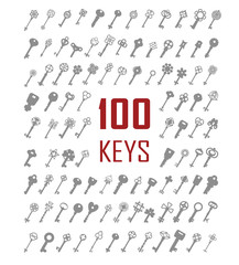 Key. Large collection of silhouettes of golden keys. Vector icons keys of different styles, new and vintage