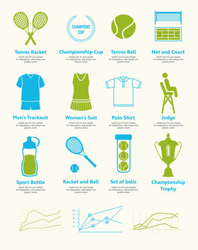 Info graphics set in green & blue colors for tennis game.