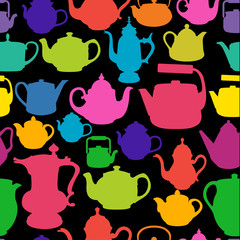 Vector Illustration with different shapes of teapots on black ba
