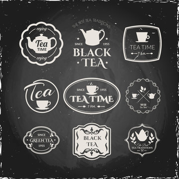 Vector Illustration on blackboard with logo on theme tea.