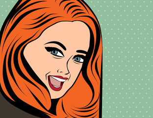 cute retro woman with long red hair in comics style