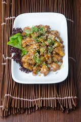japanese cuisine. fry sauce chicken on the background