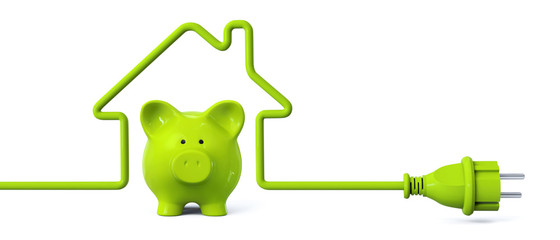 Green power plug - house with green piggy bank