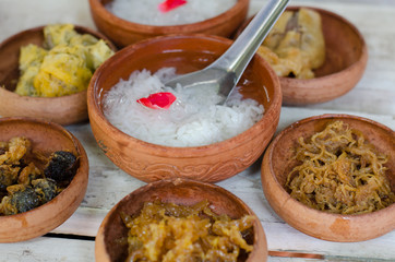Thai food name Kao-Chae (Cooked Rice Soaked in Iced Water and Ea