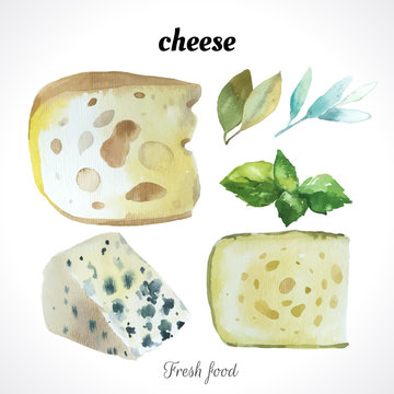 Watercolor illustration of a painting technique. Fresh organic food. Set of different noble cheeses. Bar blue cheese.