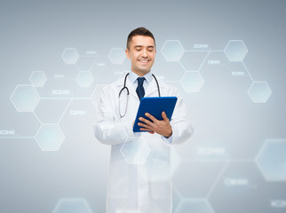 male doctor with tablet pc and chemical formula