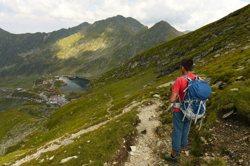 Hiker in Carpathian Mountains