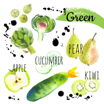 Vector Illustration with only green fruits & vegetables.