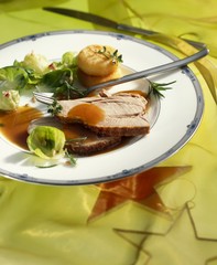 Roast turkey leg with Brussels sprouts and potato cakes