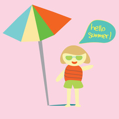 Cute girl says hello summer during her vacation on the beach