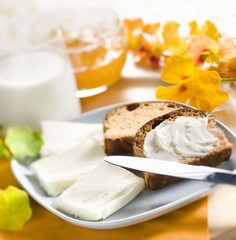 Bread and butter with jam and milk