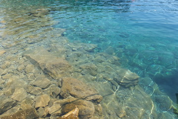 View of clear water on the shore of the Aegean Sea, Turkey