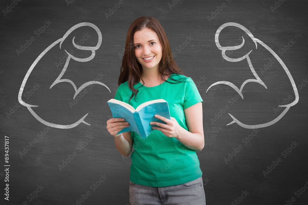 Poster composite image of student picking a book from shelf in library