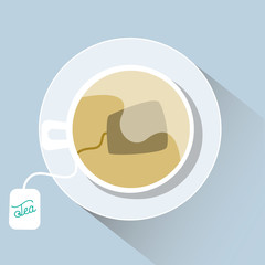 Flat tea cup with tea bag and shadow. Vector design.