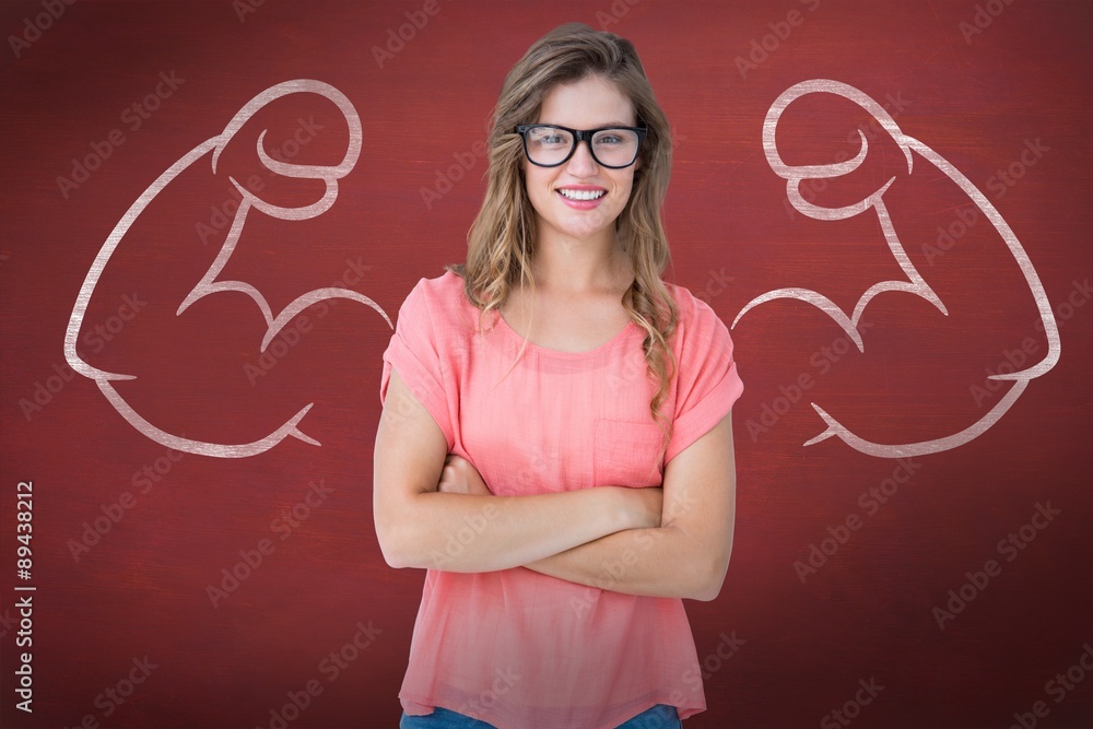 Poster composite image of pretty geeky hipster smiling at camera
