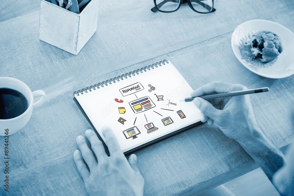 Poster composite image of man writing notes on notebook