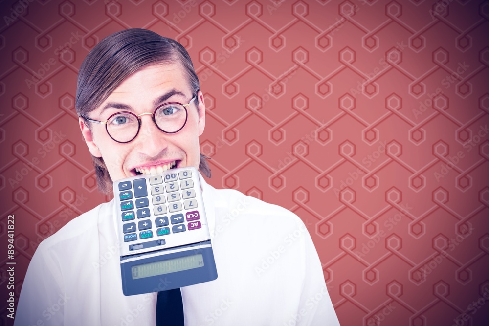 Poster composite image of geeky smiling businessman biting calculator
