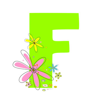 The letter F with a floral background
