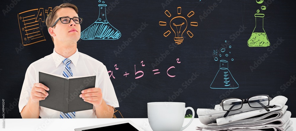 Poster composite image of geeky businessman reading from book