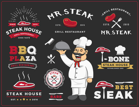 Set of steak and grill restaurant logo label design with chef cartoon mascot and decorative element || Vector illustration