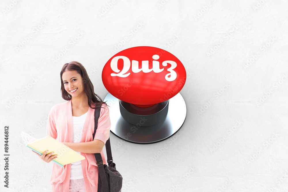 Poster quiz against digitally generated red push button