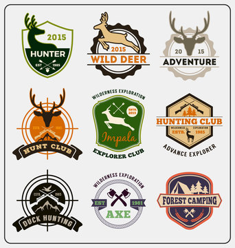 Set of hunting and adventure badge logo design for emblem logo, label design, insignia, sticker Vector illustration resize able and all types use free font